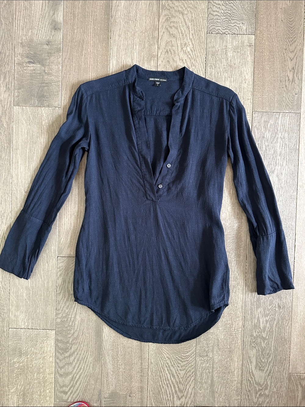James Perse Linen Blend Ink Navy Long-Sleeve Split V Tunic